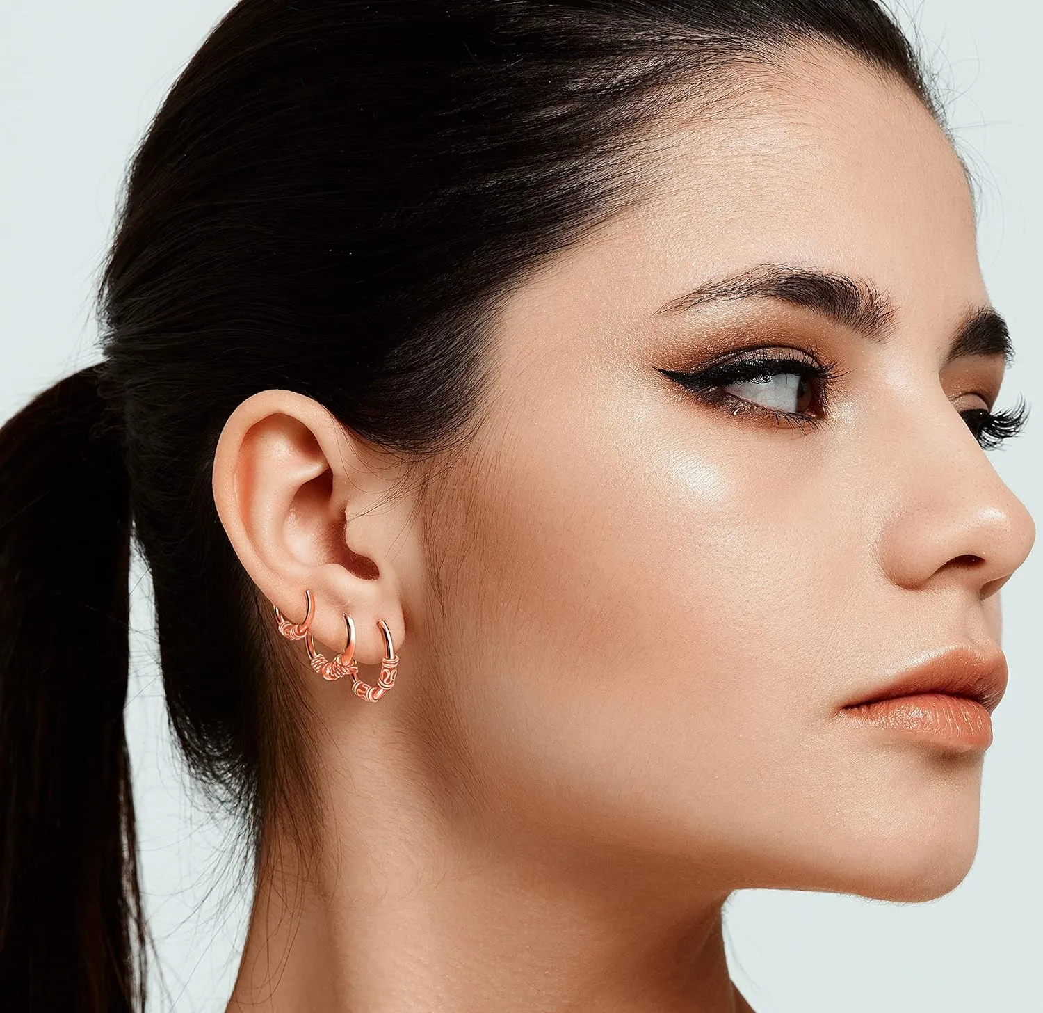 Hoops & Loops 925 Sterling Silver Set of 3 Pairs 10mm, 12mm & 14mm Bali and Bali Bead Endless Hoop Earrings for Women Men | Silver, Yellow & Rose Gold