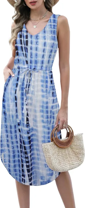 Hount Womens V Neck Sleeveless Casual T Shirt Dress Summer Midi Dress with Pockets