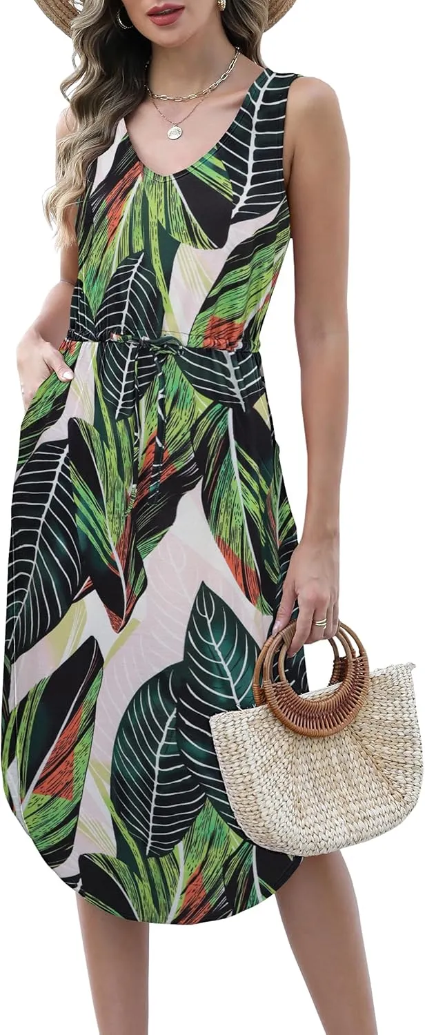 Hount Womens V Neck Sleeveless Casual T Shirt Dress Summer Midi Dress with Pockets