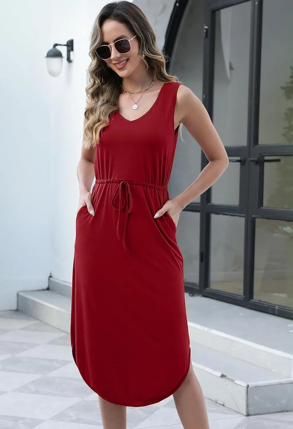 Hount Womens V Neck Sleeveless Casual T Shirt Dress Summer Midi Dress with Pockets