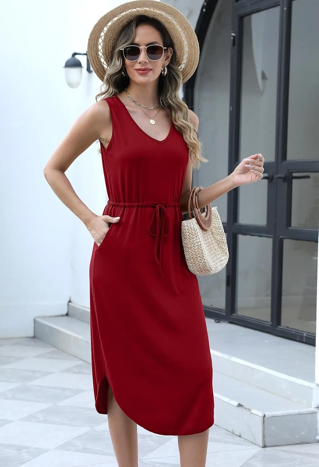 Hount Womens V Neck Sleeveless Casual T Shirt Dress Summer Midi Dress with Pockets