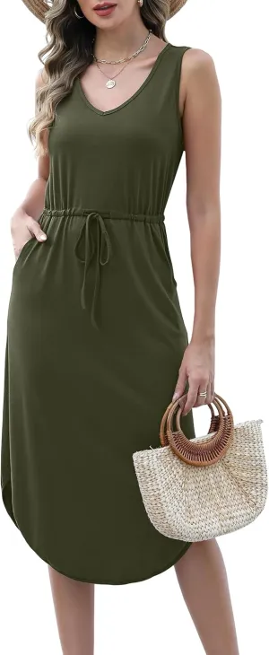 Hount Womens V Neck Sleeveless Casual T Shirt Dress Summer Midi Dress with Pockets