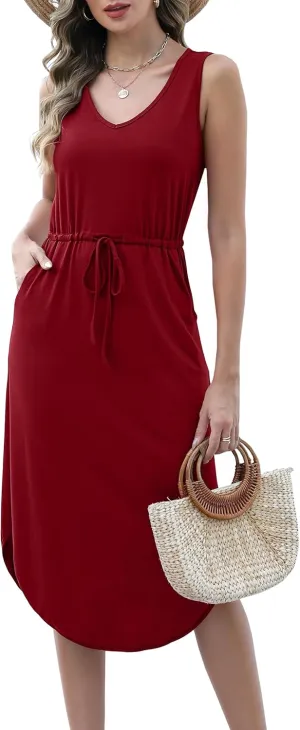 Hount Womens V Neck Sleeveless Casual T Shirt Dress Summer Midi Dress with Pockets