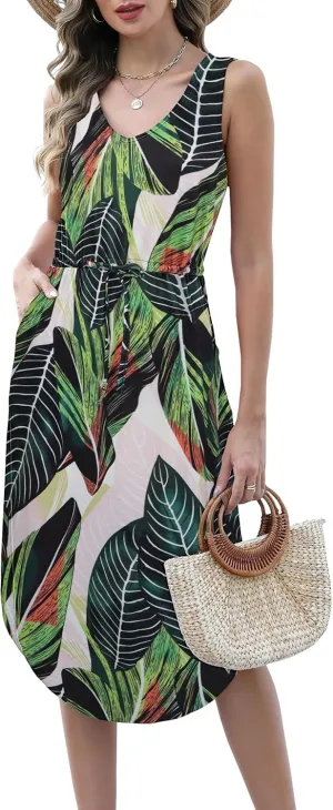 Hount Womens V Neck Sleeveless Casual T Shirt Dress Summer Midi Dress with Pockets