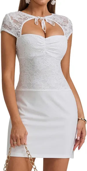 HTZMO Women Lace Bodycon Mini Dress Summer Sexy Cut Out Tie Neck Cup Sleeve Club Going Out Party Short Dresses