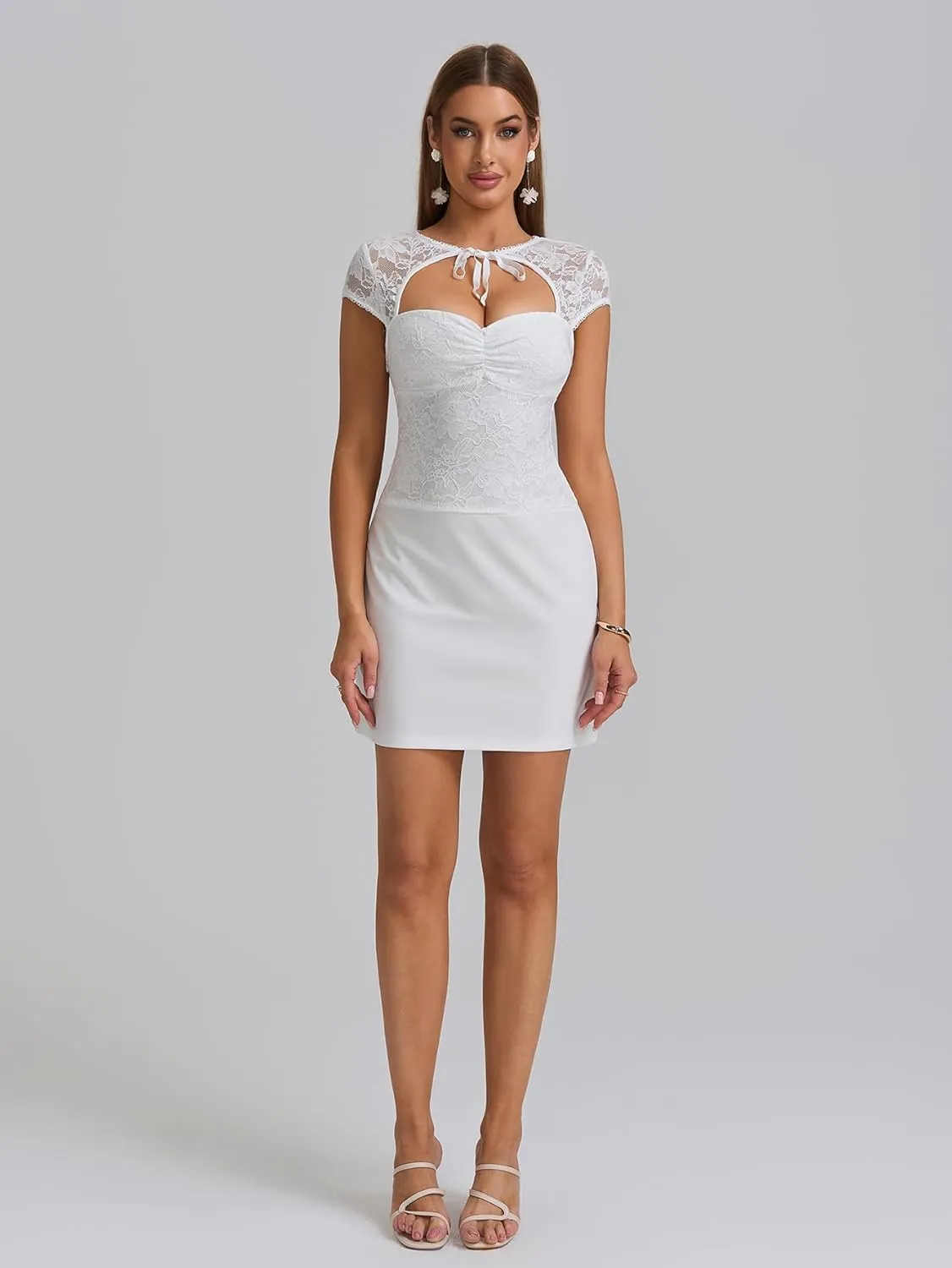 HTZMO Women Lace Bodycon Mini Dress Summer Sexy Cut Out Tie Neck Cup Sleeve Club Going Out Party Short Dresses