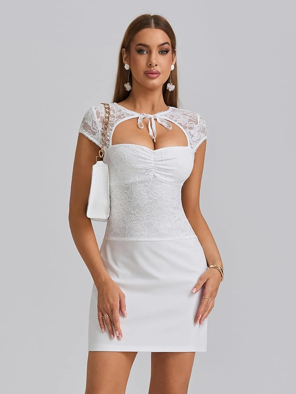 HTZMO Women Lace Bodycon Mini Dress Summer Sexy Cut Out Tie Neck Cup Sleeve Club Going Out Party Short Dresses