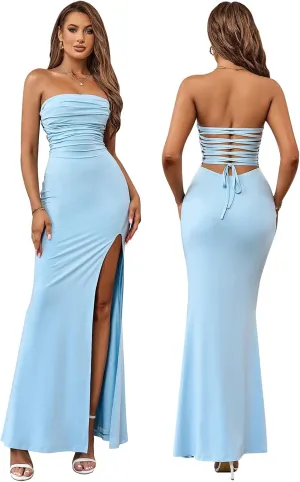HTZMO Womens Tube Top Strapless Slit Bodycon Maxi Dress Sexy Tie Back Wedding Guest Party Long Dresses