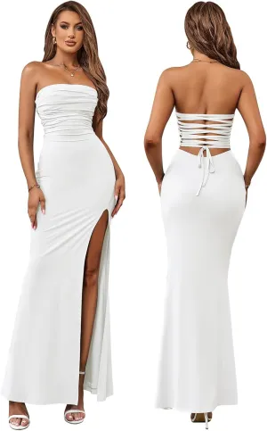 HTZMO Womens Tube Top Strapless Slit Bodycon Maxi Dress Sexy Tie Back Wedding Guest Party Long Dresses
