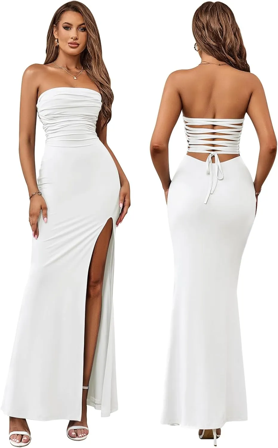 HTZMO Womens Tube Top Strapless Slit Bodycon Maxi Dress Sexy Tie Back Wedding Guest Party Long Dresses