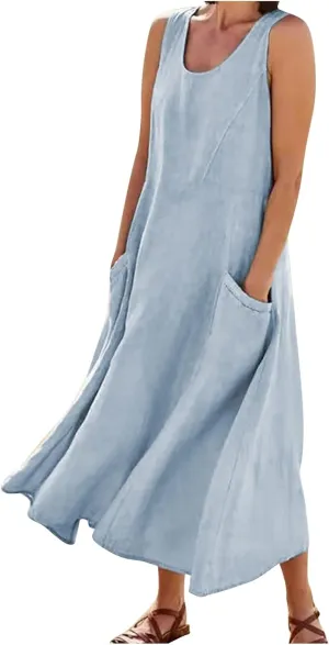 HXHYQKP Dress for Women 2024 Summer Tank Dress Sleeveless Loose Scoop Neck Long Flowy Beach Swing Sundress with Pocket