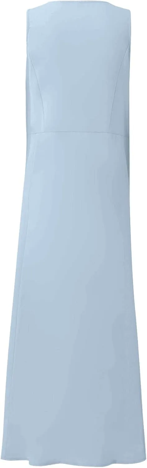 HXHYQKP Dress for Women 2024 Summer Tank Dress Sleeveless Loose Scoop Neck Long Flowy Beach Swing Sundress with Pocket