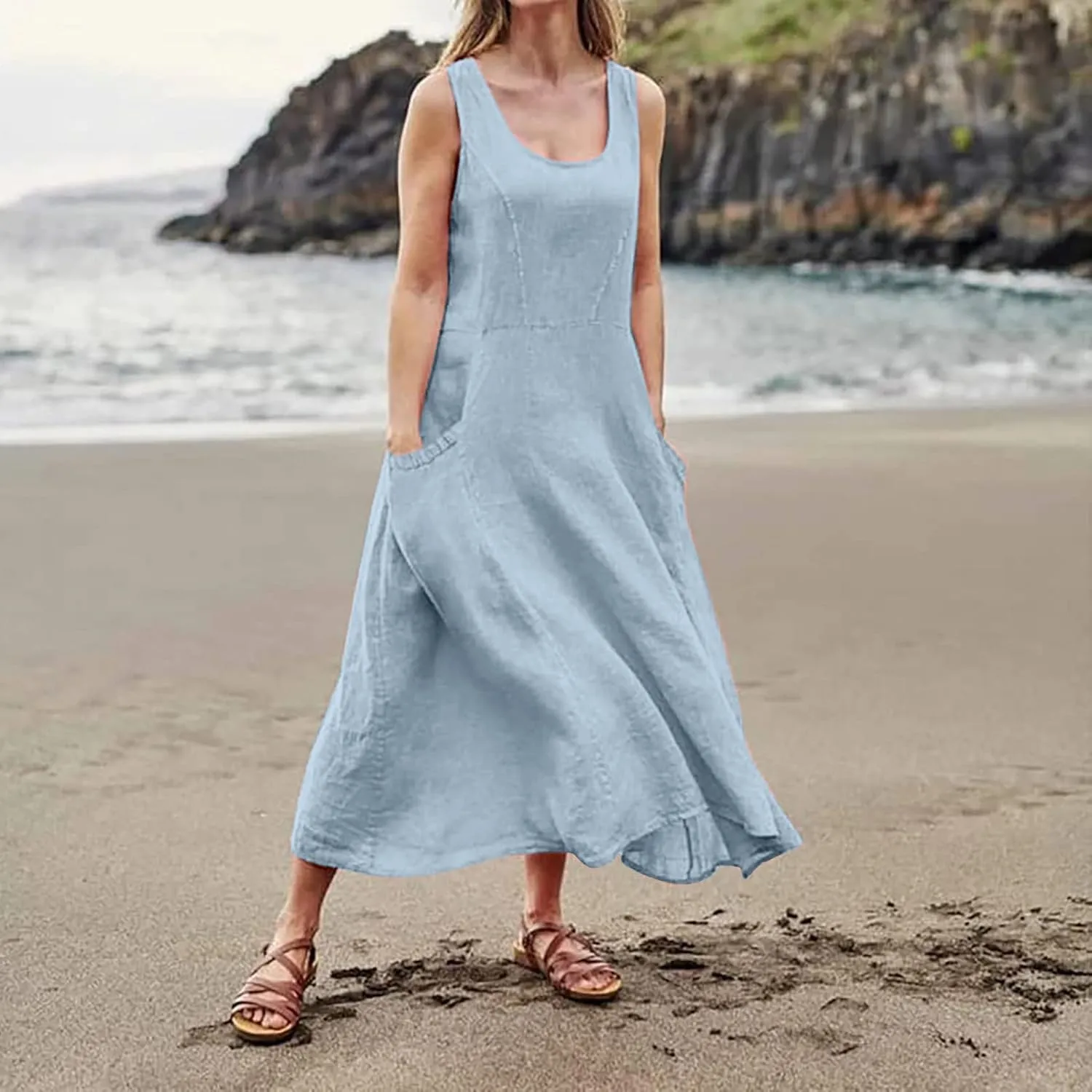HXHYQKP Dress for Women 2024 Summer Tank Dress Sleeveless Loose Scoop Neck Long Flowy Beach Swing Sundress with Pocket