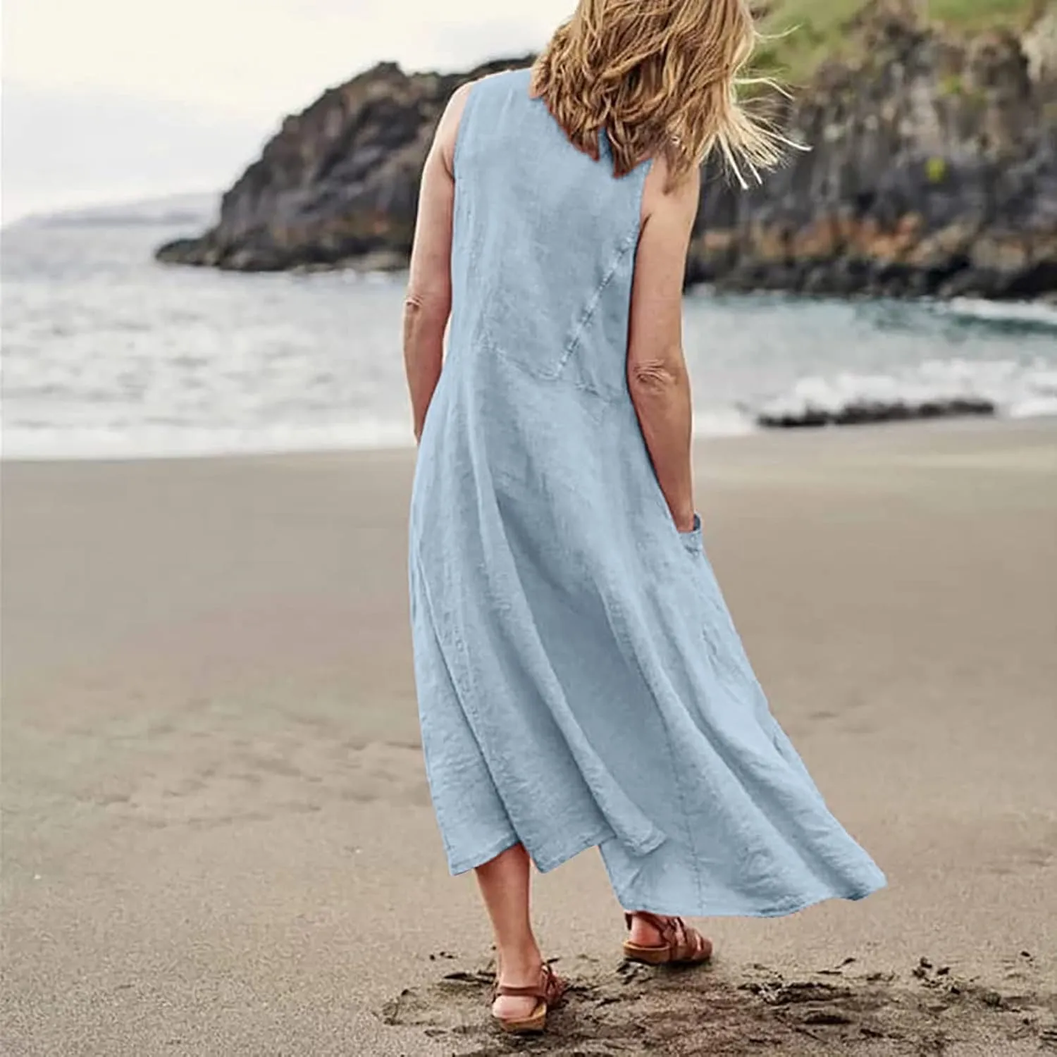 HXHYQKP Dress for Women 2024 Summer Tank Dress Sleeveless Loose Scoop Neck Long Flowy Beach Swing Sundress with Pocket