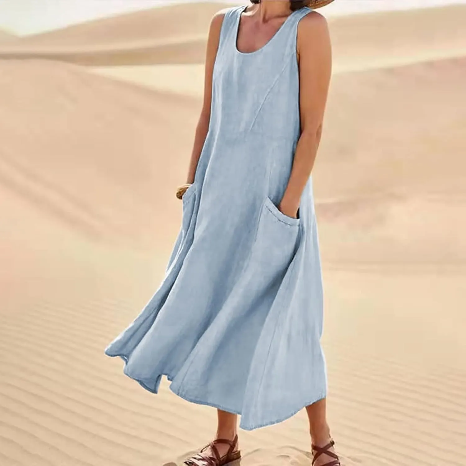 HXHYQKP Dress for Women 2024 Summer Tank Dress Sleeveless Loose Scoop Neck Long Flowy Beach Swing Sundress with Pocket