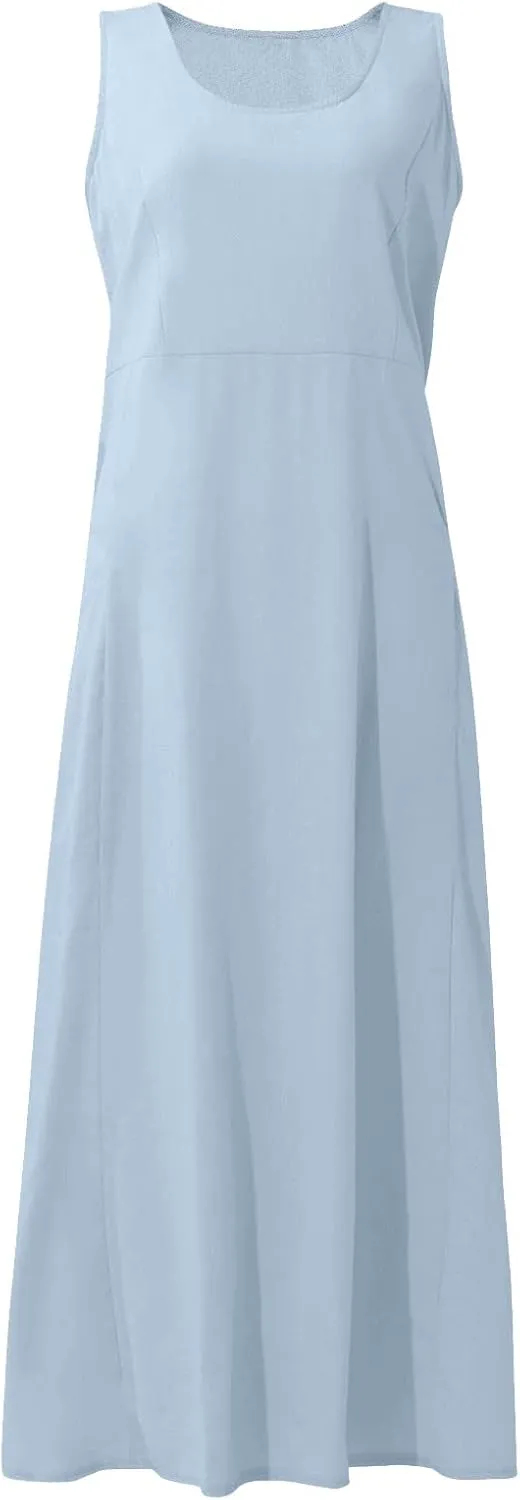 HXHYQKP Dress for Women 2024 Summer Tank Dress Sleeveless Loose Scoop Neck Long Flowy Beach Swing Sundress with Pocket