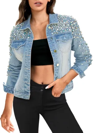 Hybrid & Company Women's Denim Jacket Embroidered Pearls Beading Jeans Jacket Coat With Pockets