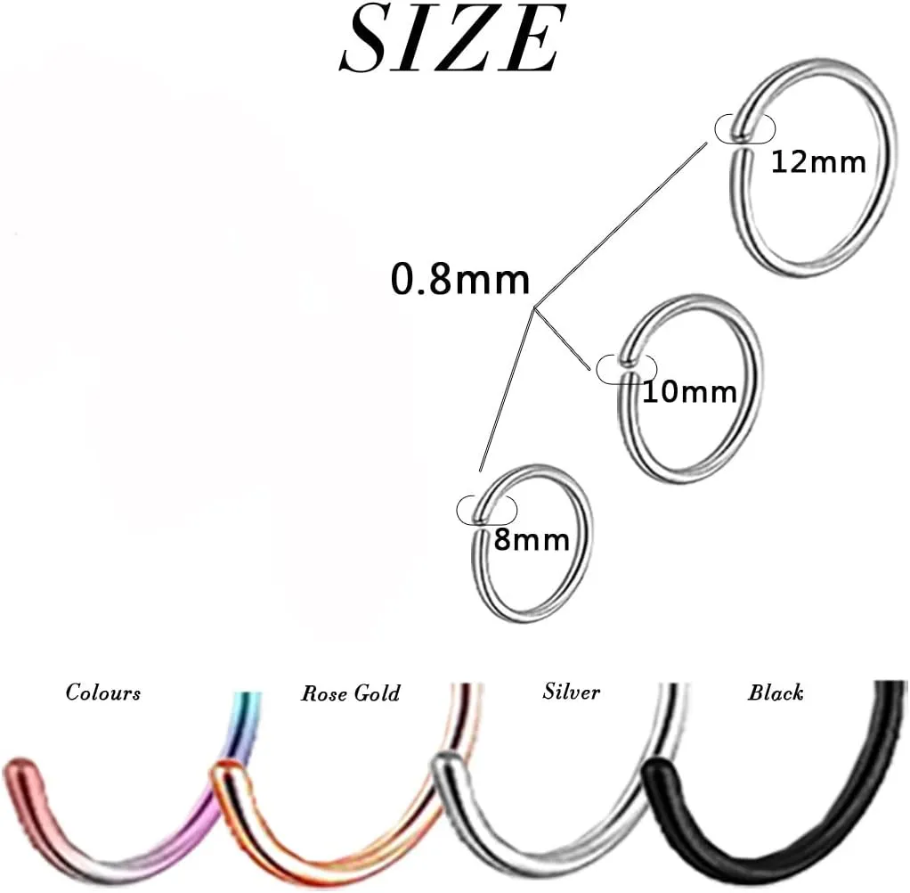 Hypoallergenic 20G L-Shaped Nose Rings - Surgical Steel Hoops & Studs - Gold, Silver, Black Colored