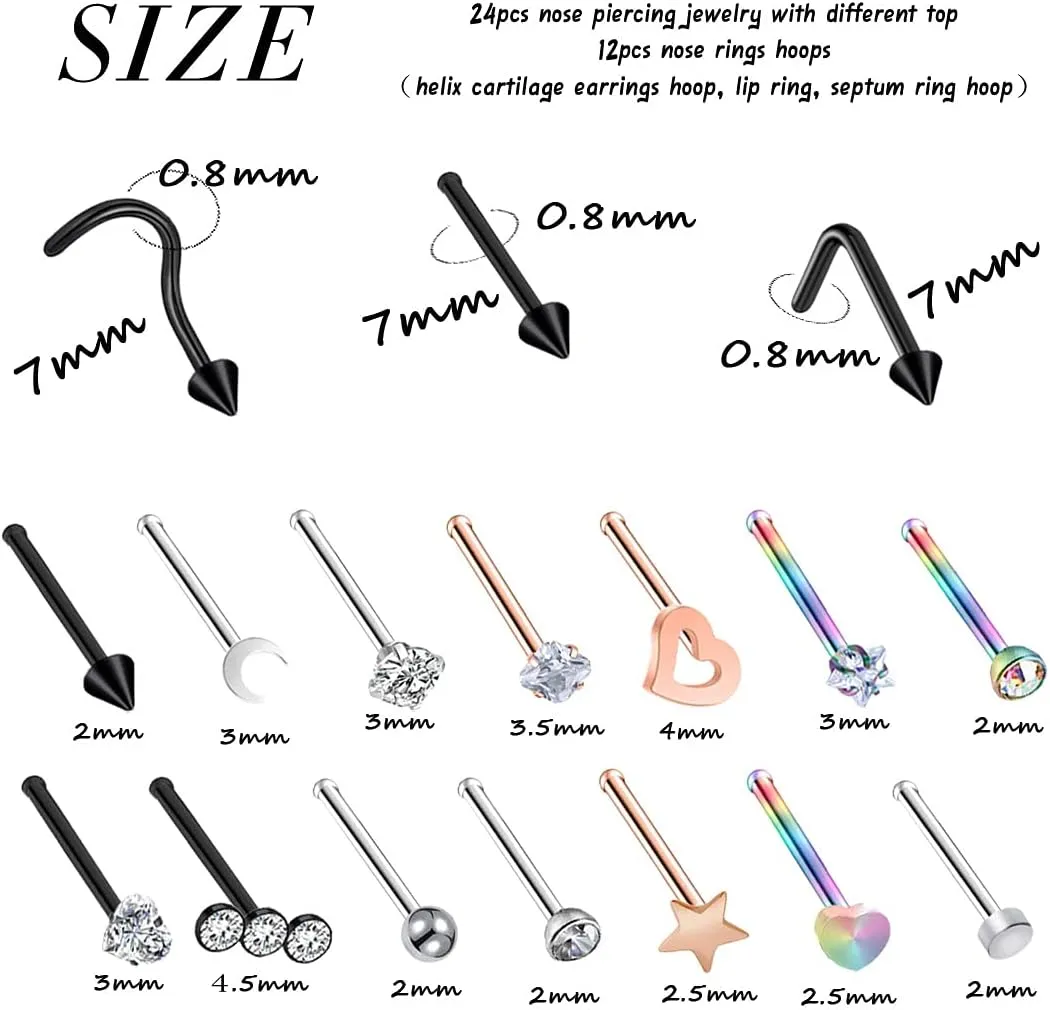 Hypoallergenic 20G L-Shaped Nose Rings - Surgical Steel Hoops & Studs - Gold, Silver, Black Colored