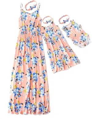 IFFEI Mommy and Me Matching Dress Spaghetti Strap Summer Casual Sundress Beach Sleeveless Dress with Headband