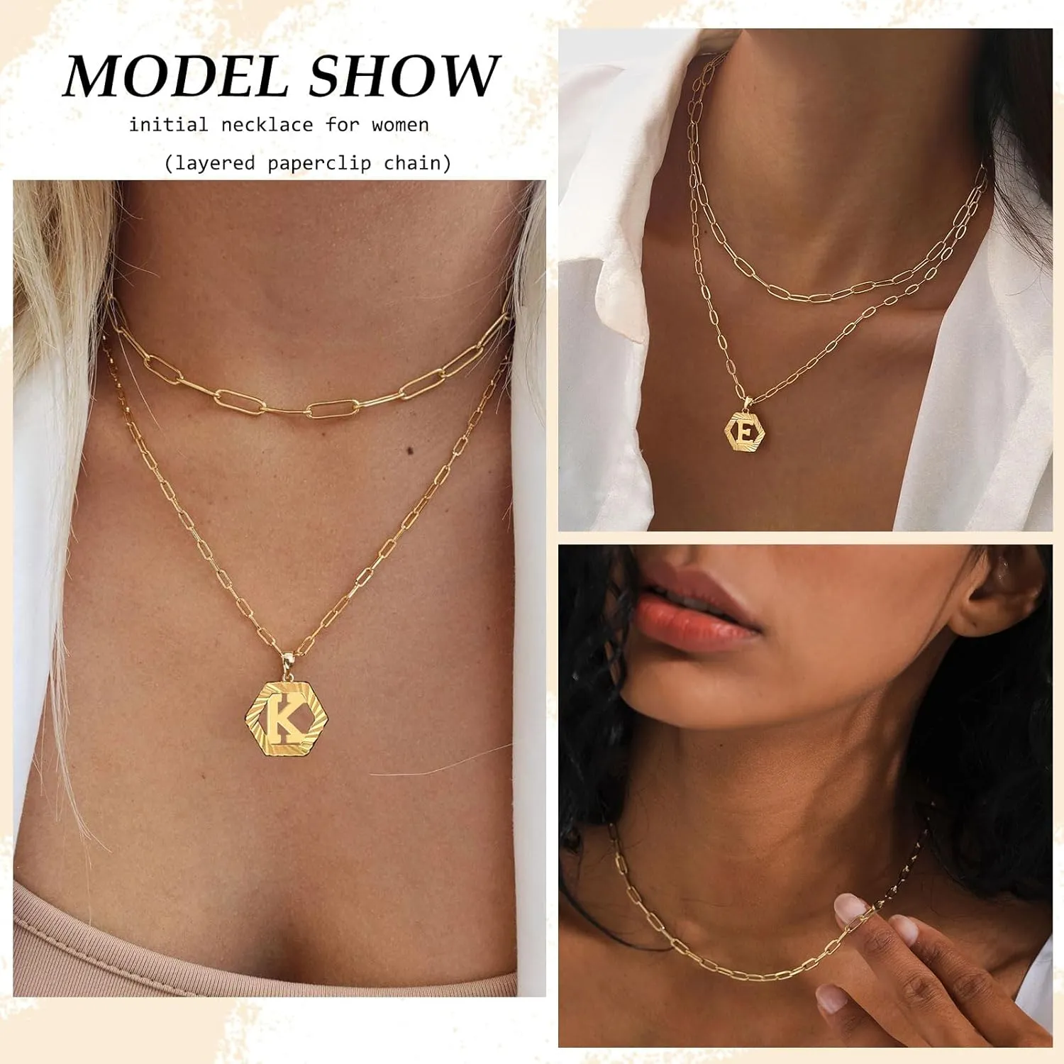 Initial Necklaces for Women,Dainty Gold Letter Necklace 18K Gold Plated Paperclip Chain Necklace Trendy Personalized Monogram Name Necklace Hexagon A-Z Pendant Choker Layered Gold Necklaces