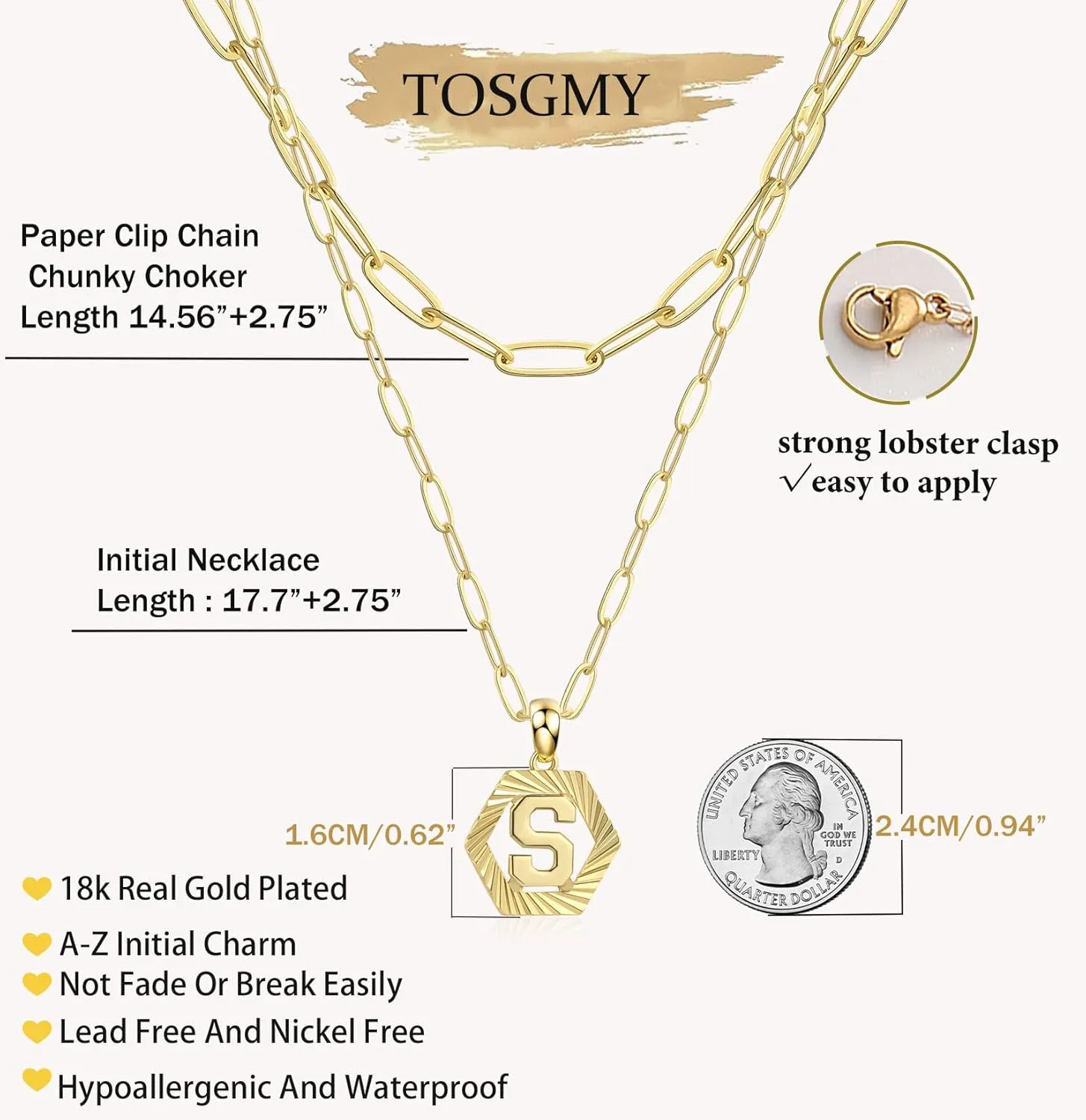 Initial Necklaces for Women,Dainty Gold Letter Necklace 18K Gold Plated Paperclip Chain Necklace Trendy Personalized Monogram Name Necklace Hexagon A-Z Pendant Choker Layered Gold Necklaces