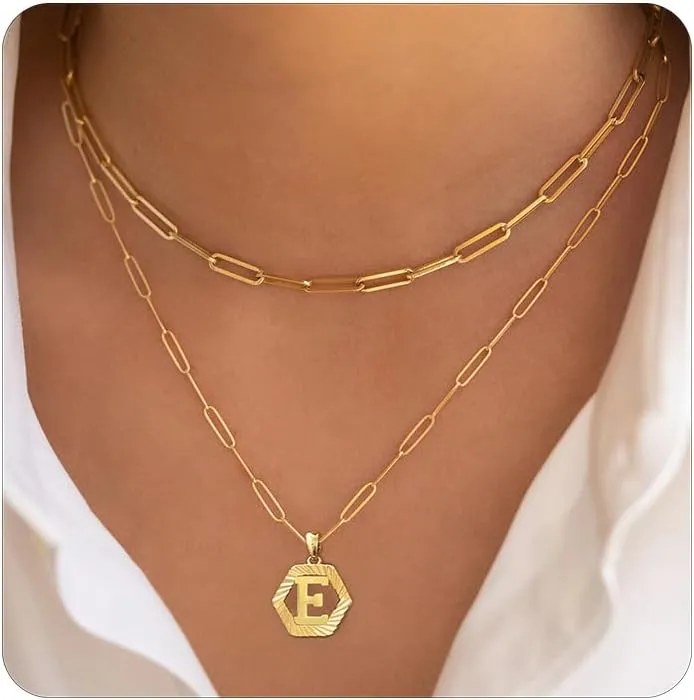 Initial Necklaces for Women,Dainty Gold Letter Necklace 18K Gold Plated Paperclip Chain Necklace Trendy Personalized Monogram Name Necklace Hexagon A-Z Pendant Choker Layered Gold Necklaces