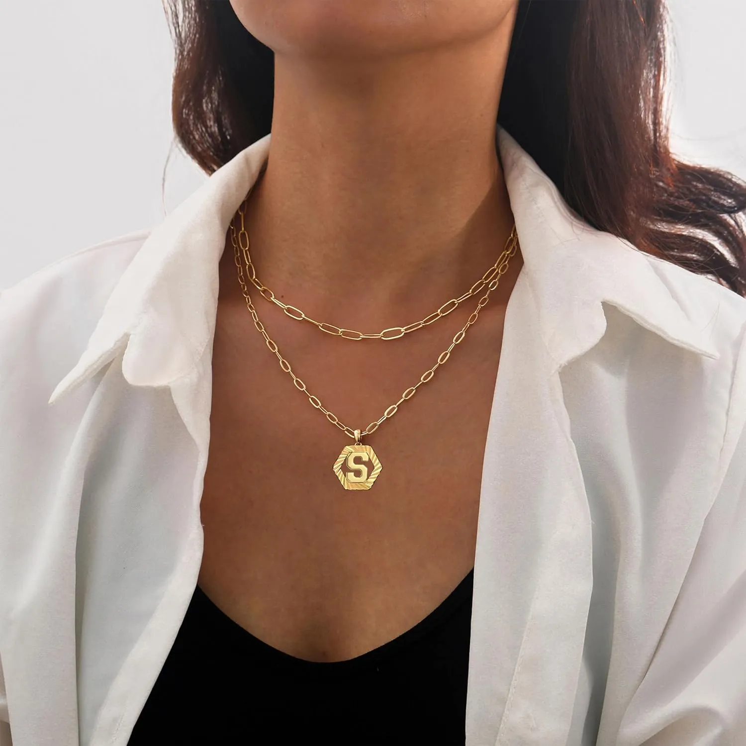 Initial Necklaces for Women,Dainty Gold Letter Necklace 18K Gold Plated Paperclip Chain Necklace Trendy Personalized Monogram Name Necklace Hexagon A-Z Pendant Choker Layered Gold Necklaces