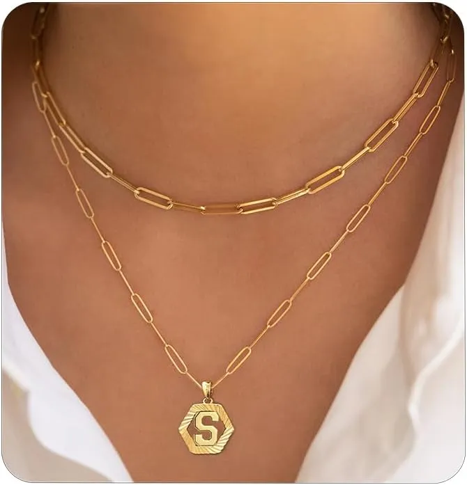 Initial Necklaces for Women,Dainty Gold Letter Necklace 18K Gold Plated Paperclip Chain Necklace Trendy Personalized Monogram Name Necklace Hexagon A-Z Pendant Choker Layered Gold Necklaces