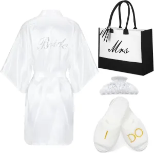 JenPen 4 Pcs Bride to Be Gift Set Bride Robe with I Do Slippers Hair Clip Mrs Tote Bag for Wedding Bachelorette Gifts
