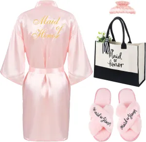 JenPen 4 Pcs Maid of Honor Gifts Set Maid of Honor Robe with Slippers Tote Bag Claw Clip Proposal Gift for Bridesmaid Wedding Bachelorette Party