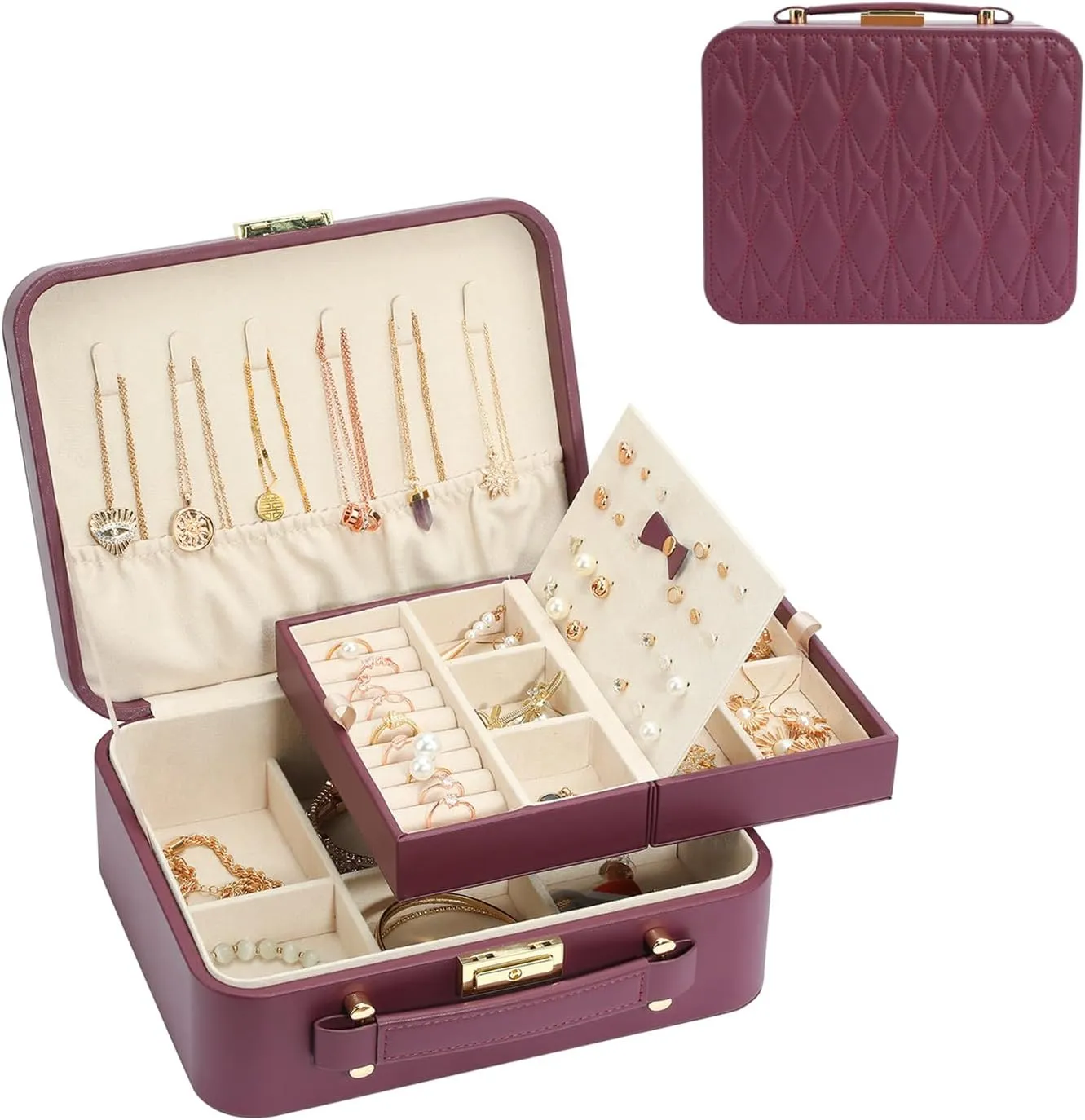 Jewelry Box for Women, Travel Jewelry Organizer Ladies Watch and Jewelry Case Travel Jewelry Case for Necklaces. (Burgundy Red)
