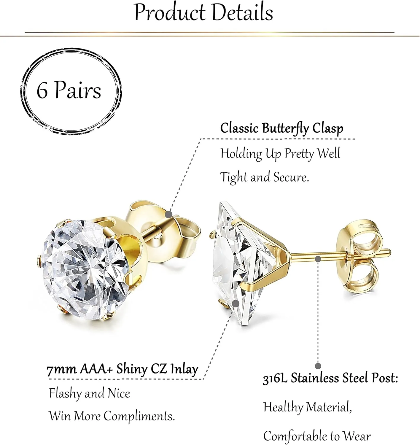 JOERCIA Stainless Steel Stud Earrings Round and Square 4-8MM Inlaid with Cubic Zirconia in Silver, Gold and Black
