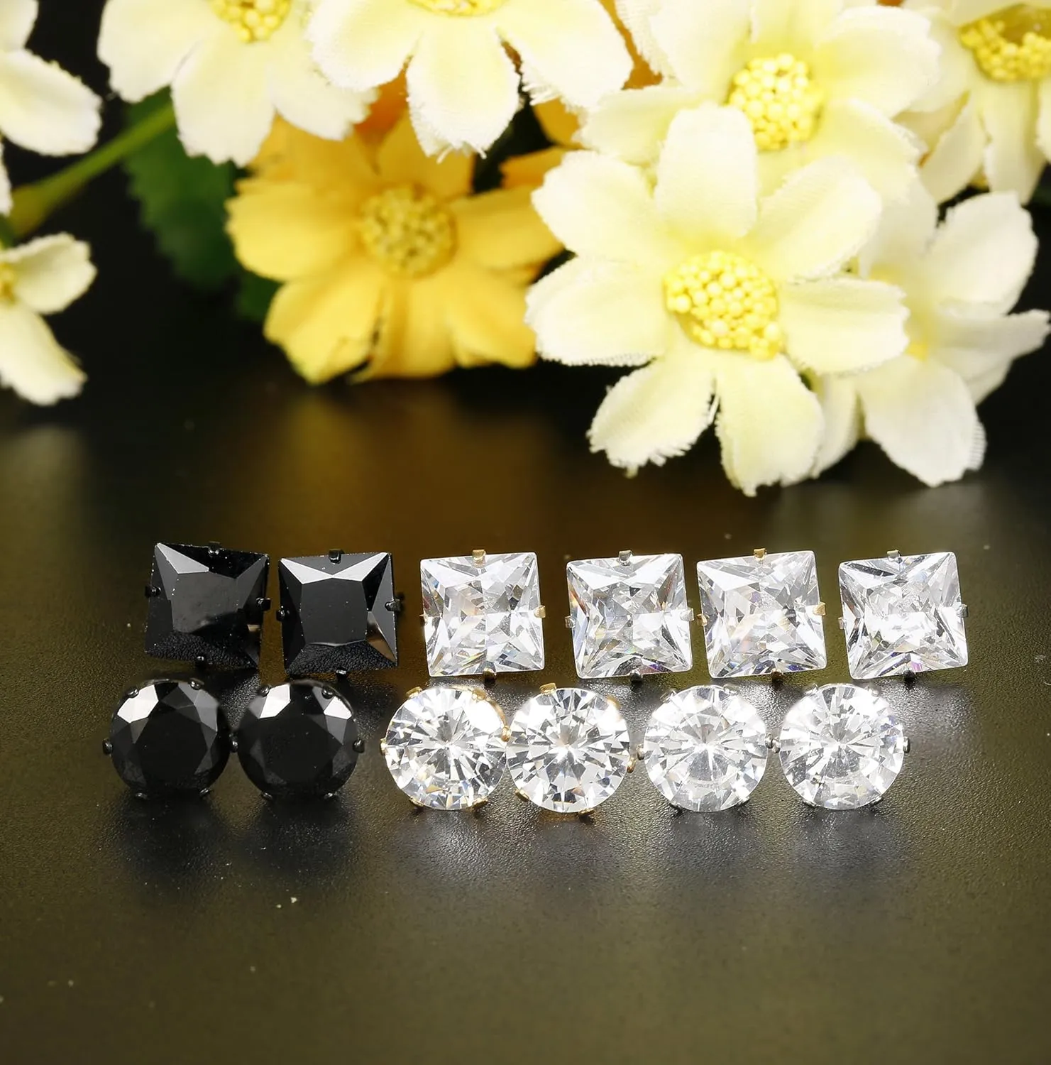 JOERCIA Stainless Steel Stud Earrings Round and Square 4-8MM Inlaid with Cubic Zirconia in Silver, Gold and Black