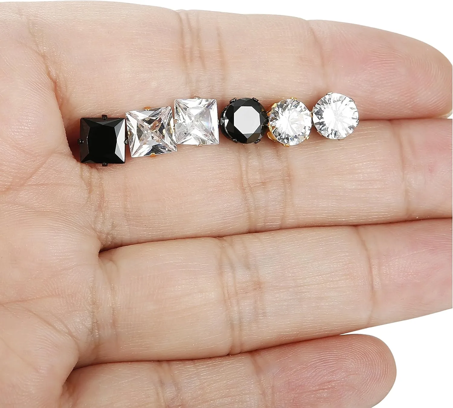 JOERCIA Stainless Steel Stud Earrings Round and Square 4-8MM Inlaid with Cubic Zirconia in Silver, Gold and Black