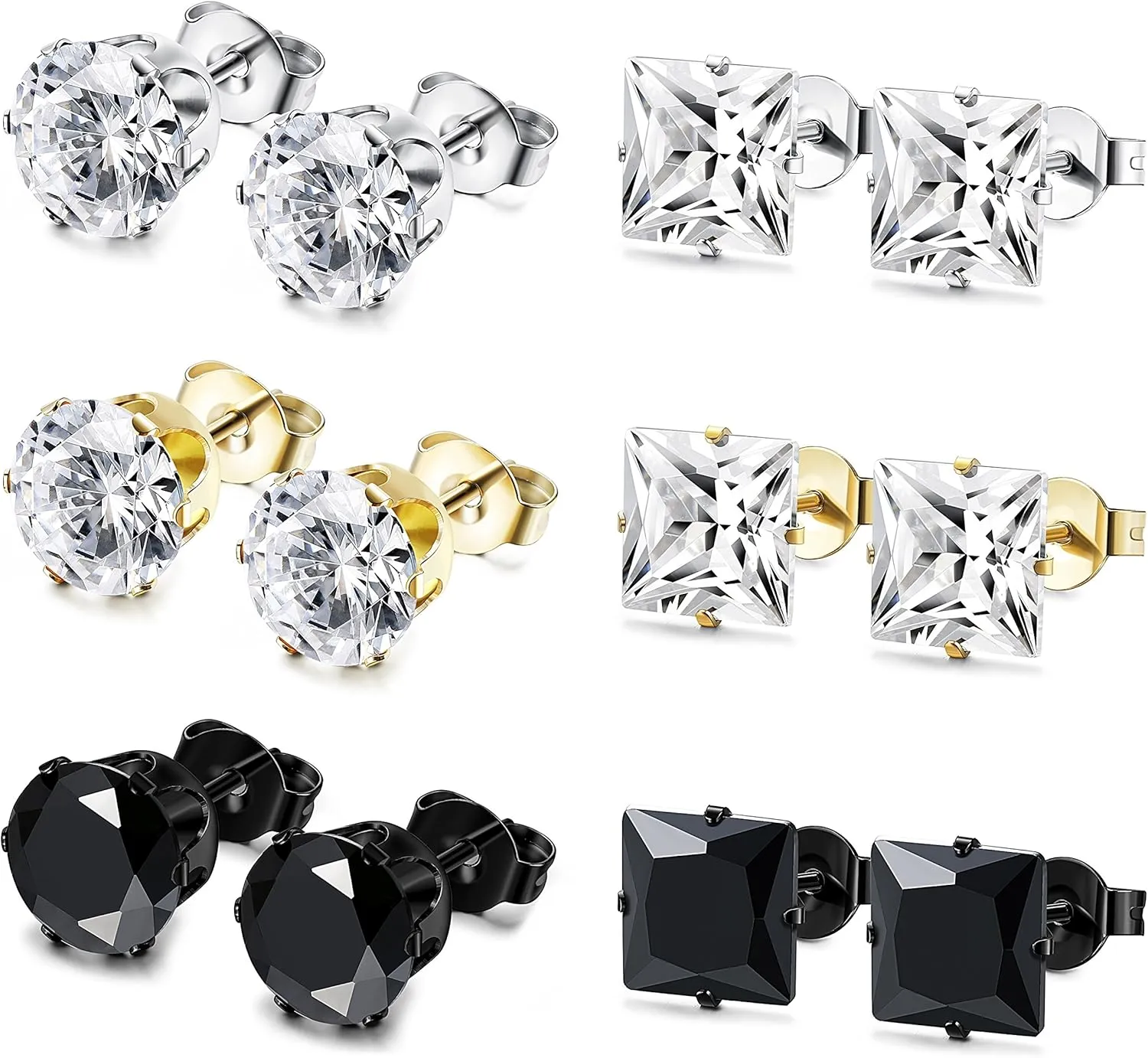 JOERCIA Stainless Steel Stud Earrings Round and Square 4-8MM Inlaid with Cubic Zirconia in Silver, Gold and Black