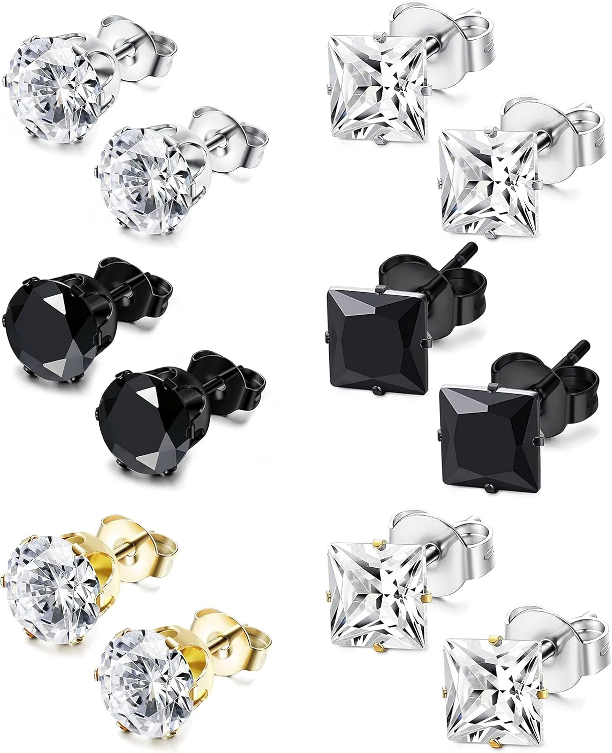 JOERCIA Stainless Steel Stud Earrings Round and Square 4-8MM Inlaid with Cubic Zirconia in Silver, Gold and Black