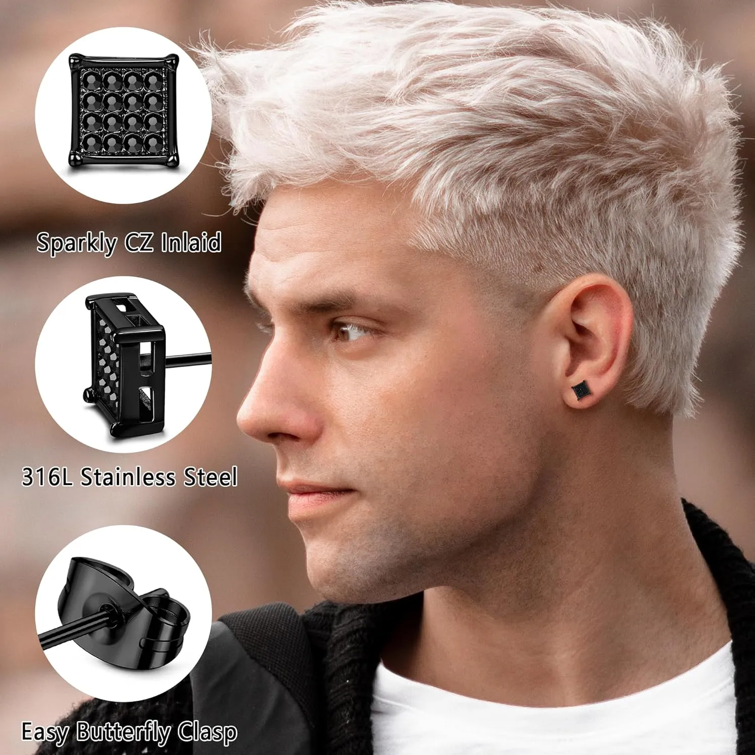 JOERICA 4 Pairs Stainless Steel Stud Earrings for Men Women Silver Black Square Earrings Set Mens Earrings Inlaid Cubic Zirconia 6-10MM