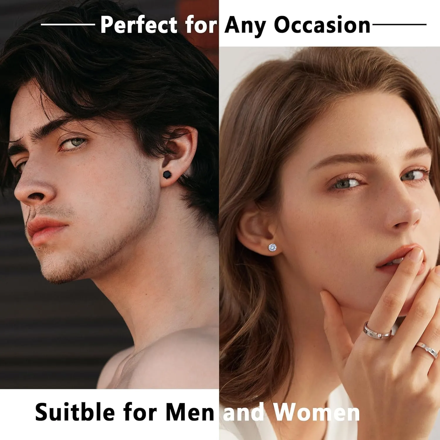 JOERICA 4 Pairs Stainless Steel Stud Earrings for Men Women Silver Black Square Earrings Set Mens Earrings Inlaid Cubic Zirconia 6-10MM