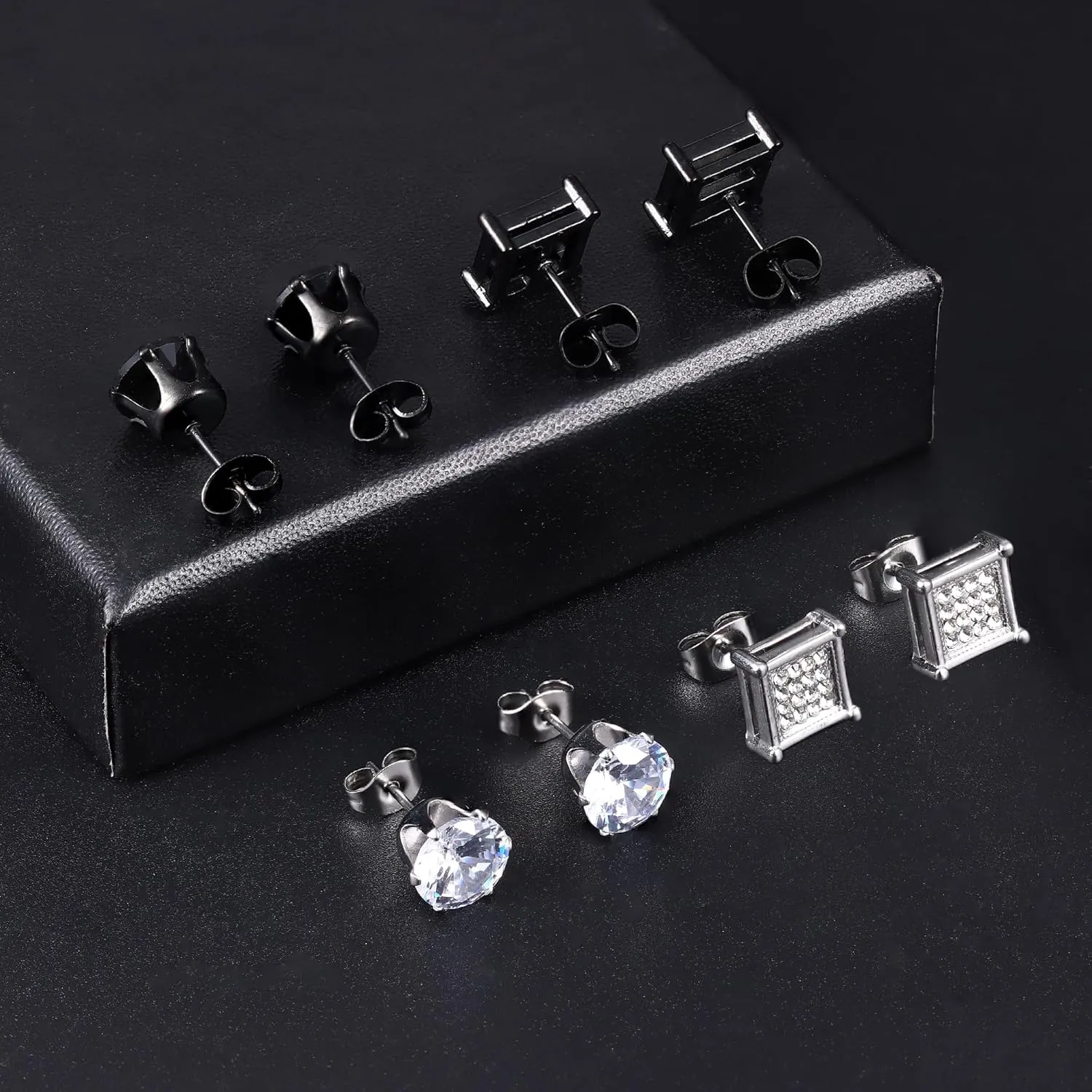 JOERICA 4 Pairs Stainless Steel Stud Earrings for Men Women Silver Black Square Earrings Set Mens Earrings Inlaid Cubic Zirconia 6-10MM