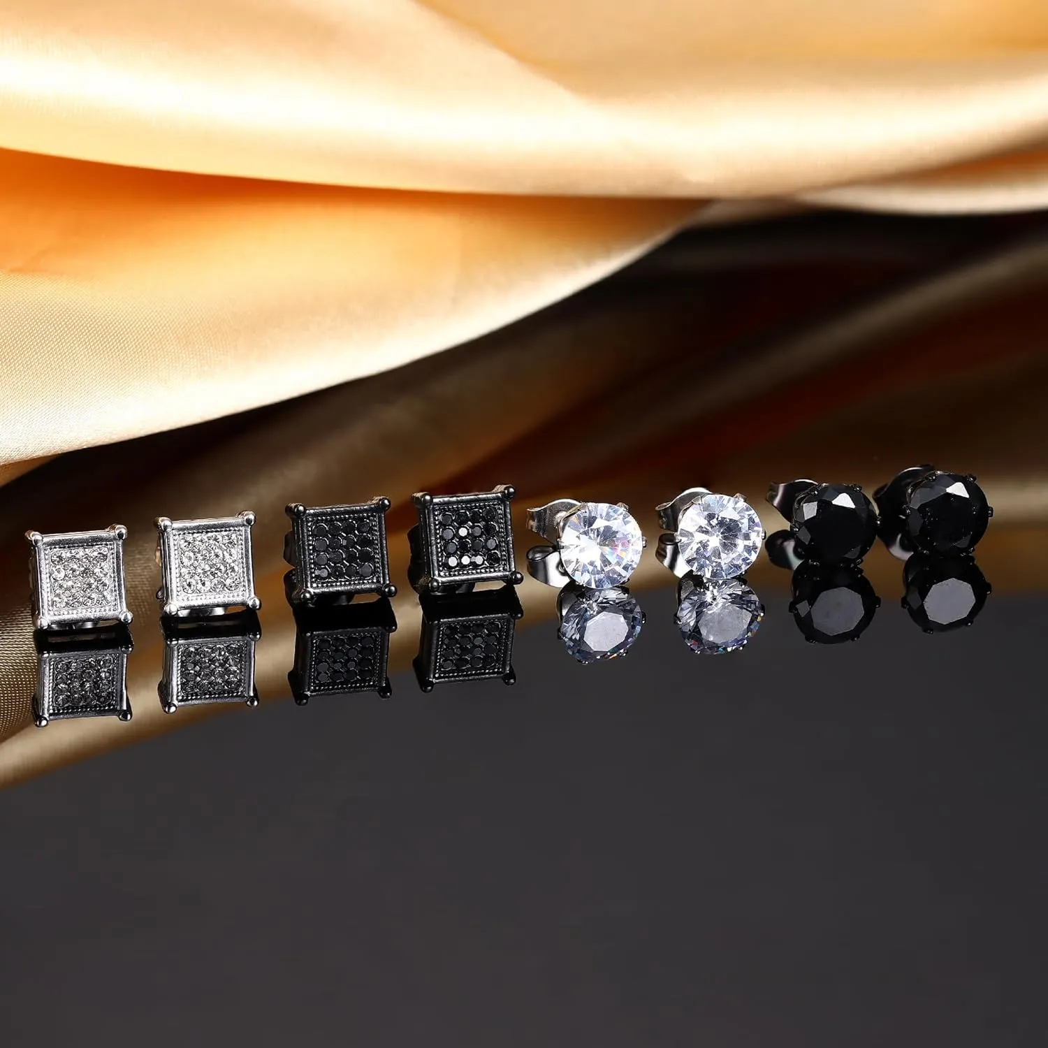 JOERICA 4 Pairs Stainless Steel Stud Earrings for Men Women Silver Black Square Earrings Set Mens Earrings Inlaid Cubic Zirconia 6-10MM