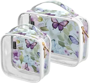 Joko Ivery Floral Butterfly Blue 2 Pieces Clear Makeup Cosmetic Toiletry Bags for Women Men PVC Portable Travel Storage Carry Pouch with Gold Zippers Travel Organizer for Bathroom Organizing