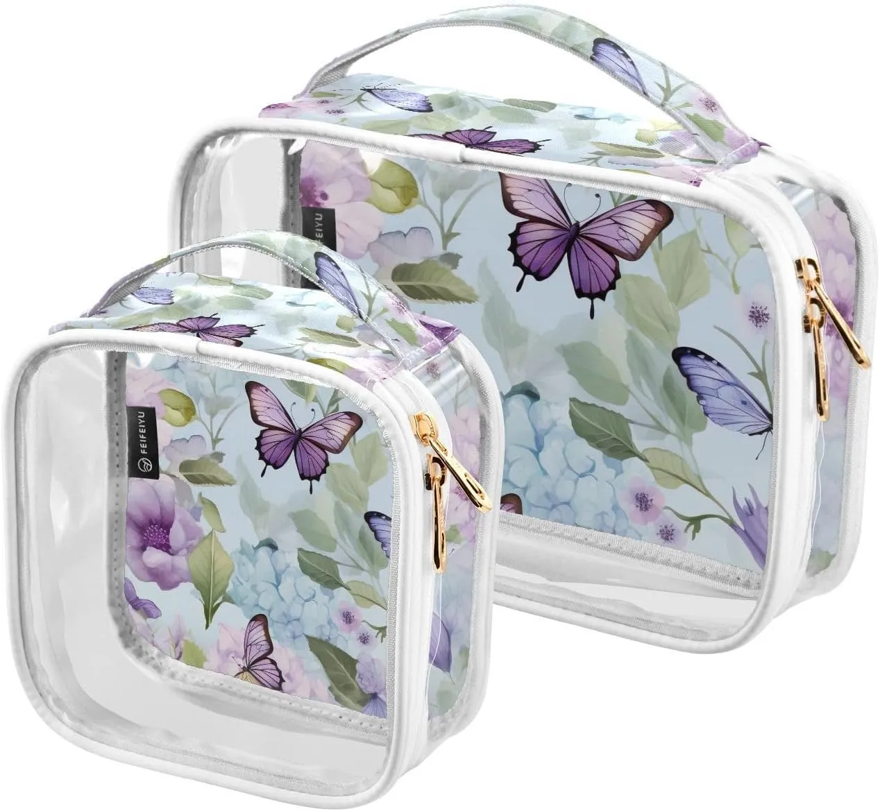Joko Ivery Floral Butterfly Blue 2 Pieces Clear Makeup Cosmetic Toiletry Bags for Women Men PVC Portable Travel Storage Carry Pouch with Gold Zippers Travel Organizer for Bathroom Organizing