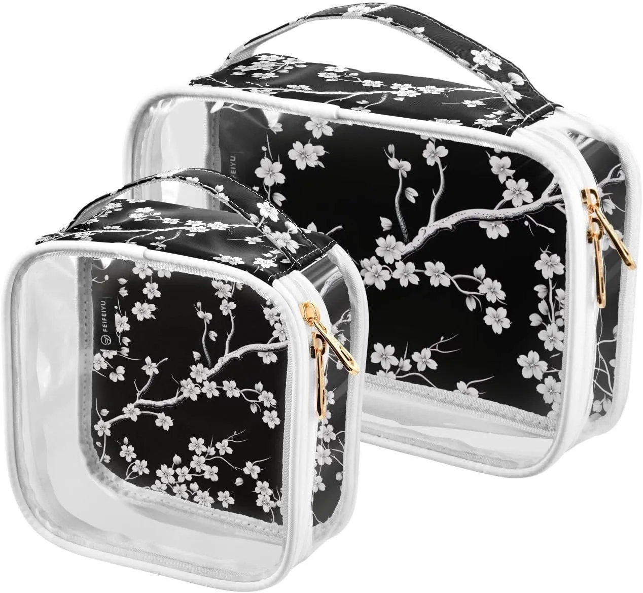 Joko Ivery White Cherry Flowers 2 Pieces Clear Makeup Cosmetic Toiletry Bags for Women Men PVC Portable Travel Storage Carry Pouch with Gold Zippers Transparent Storage Bag for Bathroom Organizing