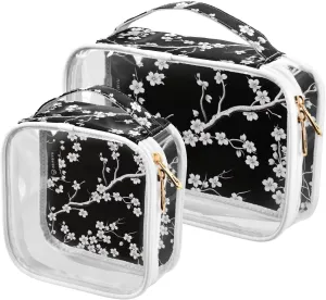 Joko Ivery White Cherry Flowers 2 Pieces Clear Makeup Cosmetic Toiletry Bags for Women Men PVC Portable Travel Storage Carry Pouch with Gold Zippers Transparent Storage Bag for Bathroom Organizing