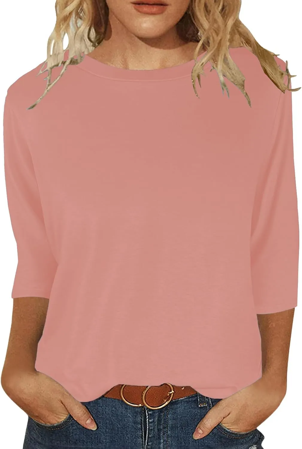 JomeDesign Womens Tops 3/4 Sleeve Shirts Round Neck Loose Casual Blouses Solid Color Tshirts