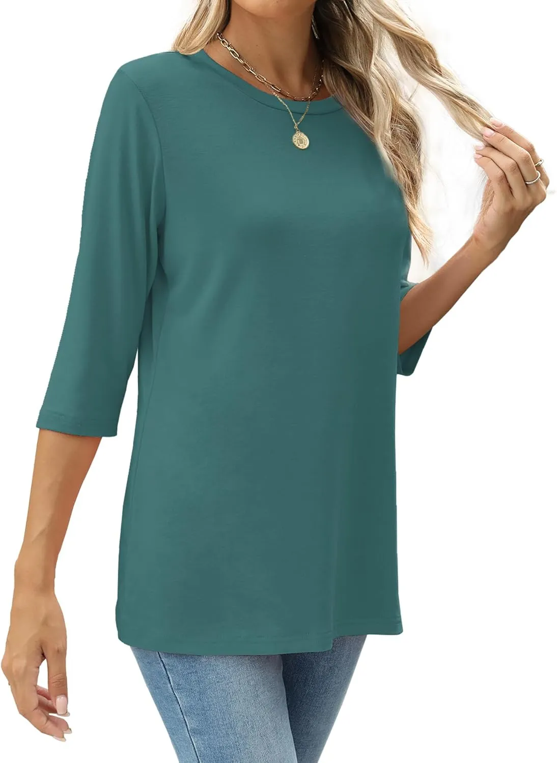 JomeDesign Womens Tops 3/4 Sleeve Shirts Round Neck Loose Casual Blouses Solid Color Tshirts