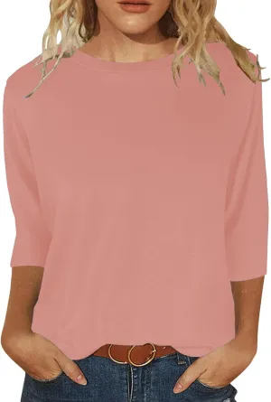 JomeDesign Womens Tops 3/4 Sleeve Shirts Round Neck Loose Casual Blouses Solid Color Tshirts