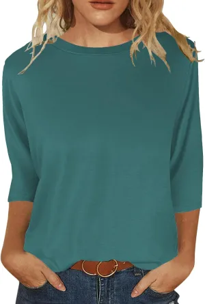 JomeDesign Womens Tops 3/4 Sleeve Shirts Round Neck Loose Casual Blouses Solid Color Tshirts