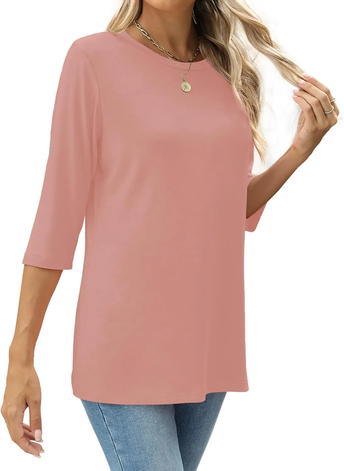 JomeDesign Womens Tops 3/4 Sleeve Shirts Round Neck Loose Casual Blouses Solid Color Tshirts